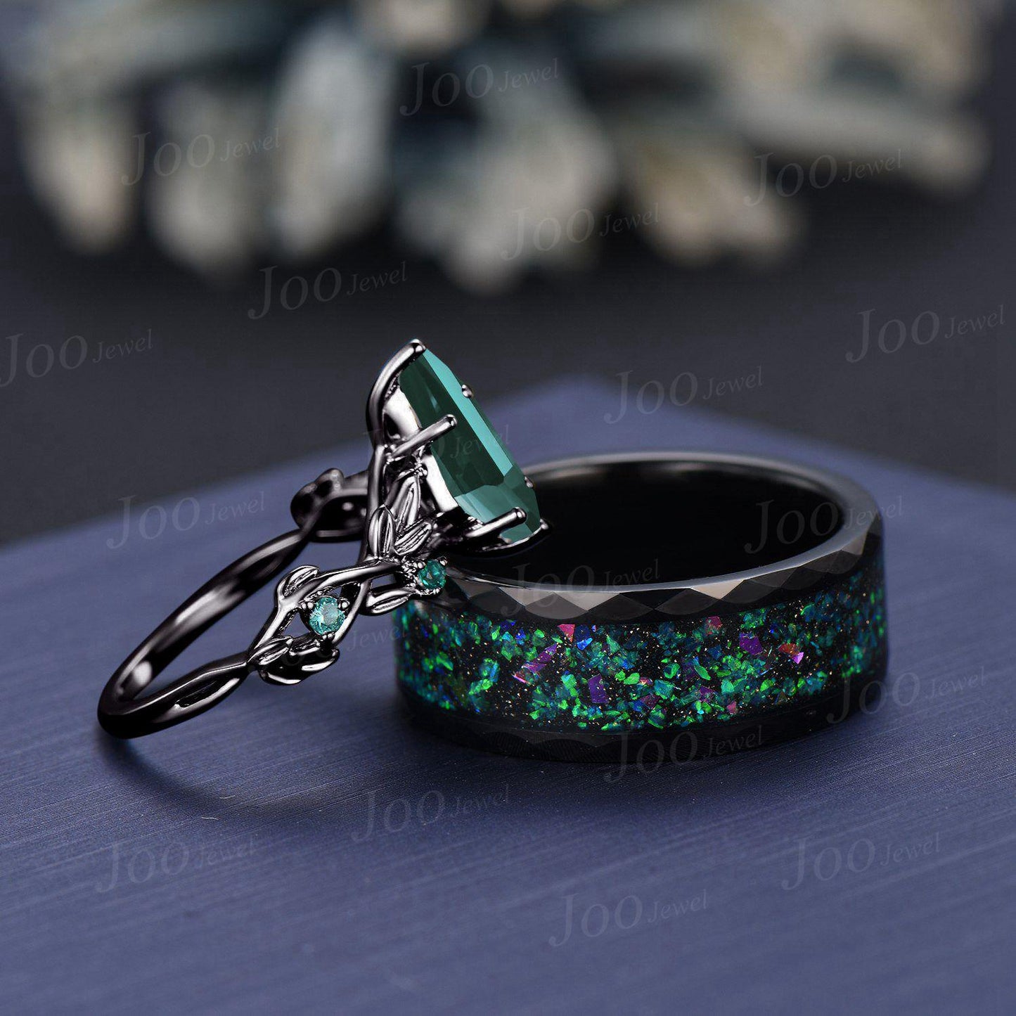 Green Emerald Couple Ring Set Kite Cut Emerald Leaf Vine Ring Yellow Gold Matching Ring Set His and Hers Goth Wedding Band Anniversary Gifts