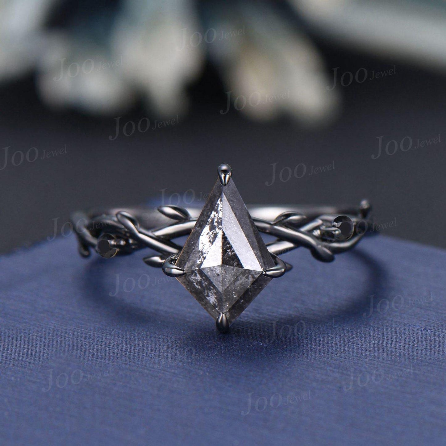 Antique Kite Cut Natural Salt and Pepper Diamond Engagement Ring Twig Vine Kite Diamond Wedding Ring Kite Bridal Set Gothic Black Ring Set