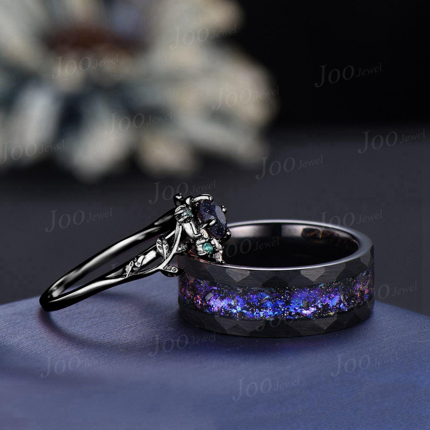 Galaxy Nebula Couple Ring Set Crescent Moon Leaf Vine Pear Cut Blue Goldstone Ring His and Hers Wedding Band Tungsten Matching Ring for Men