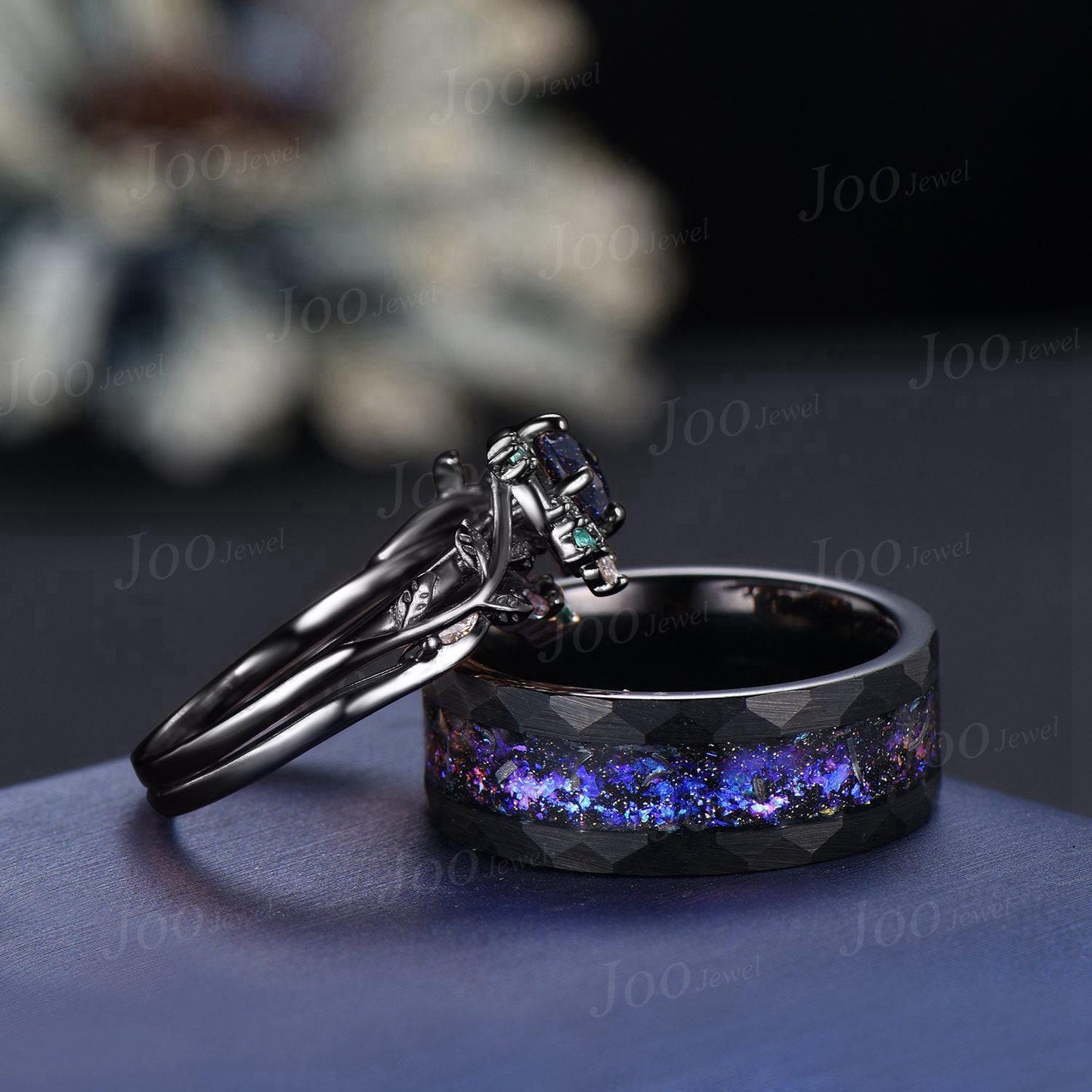 2pcs Galaxy Nebula Couple Ring Set Nature Inspired Pear Blue Sandstone Ring His and Hers Foil Wedding Ring Mens Black Tungsten Matching Ring