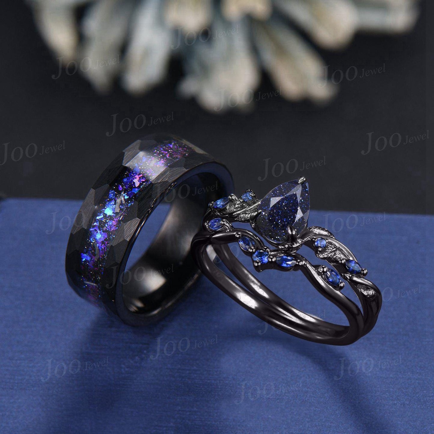 2pcs Galaxy Nebula Couple Ring Set Nature Inspired Pear Blue Sandstone Ring His and Hers Foil Wedding Ring Mens Black Tungsten Matching Ring