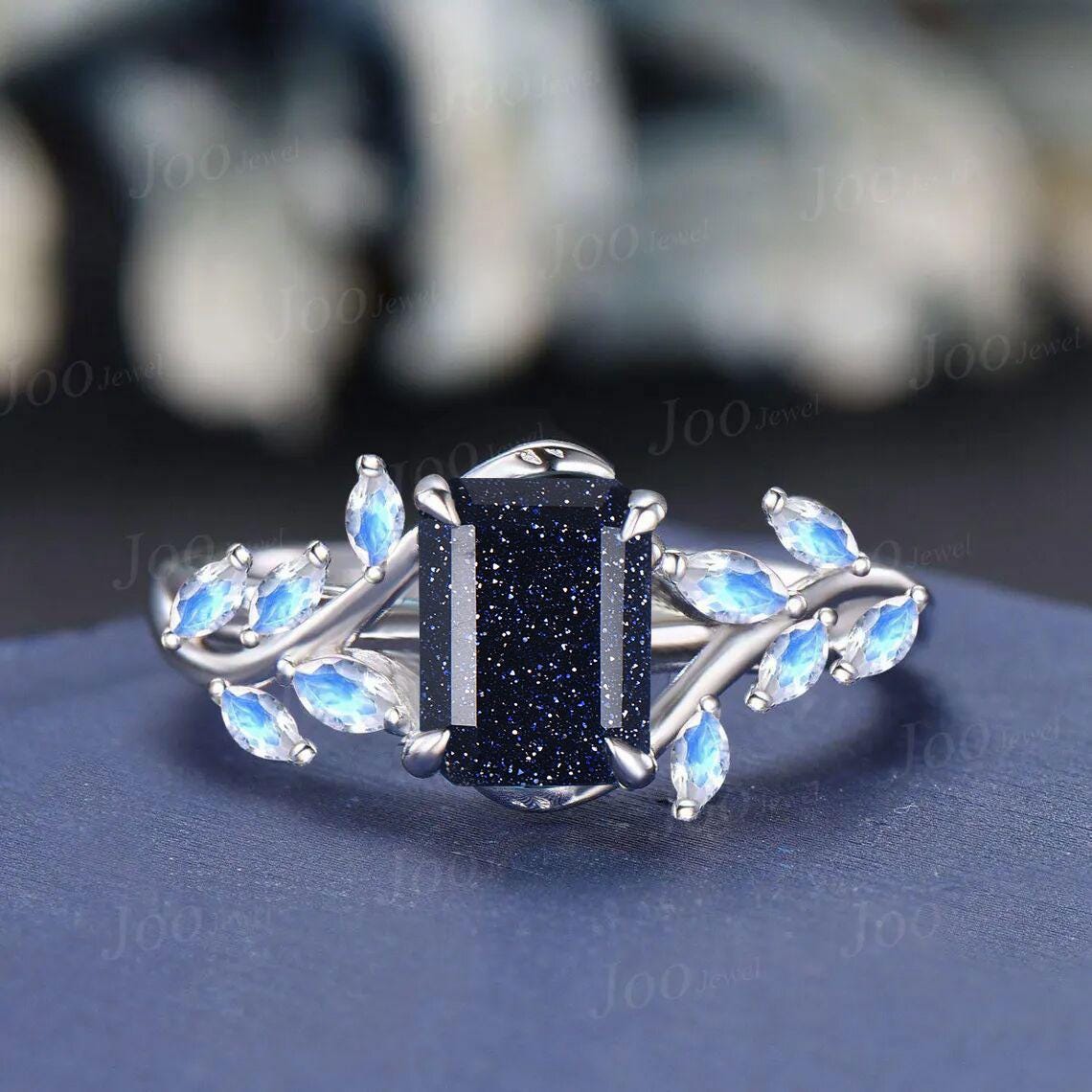 2ct Emerald Cut Galaxy Night Court Blue Sandstone Moonstone Wedding Ring Vintage Sterling Silver Cluster Leaf Vine Engagement Ring for Women