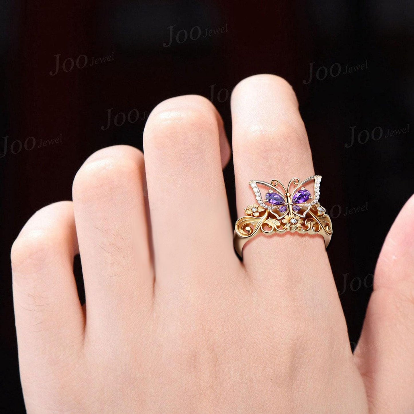 Natural Teardrop Amethyst Diamond Butterfly Flower Engagement Ring in 14K Yellow Gold Filigree Hollow Vintage Fantasy Butterfly Wedding Ring