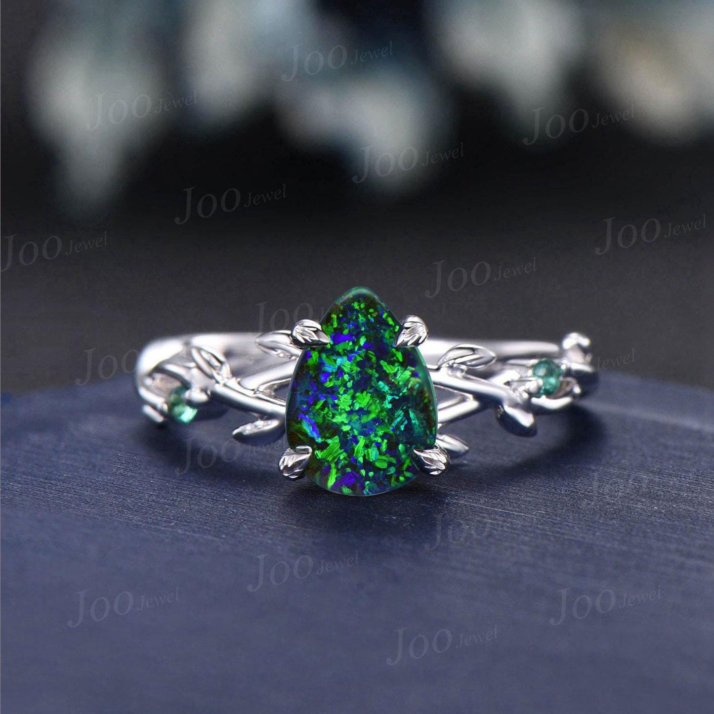 1.25ct Pear Cut Black Opal Bridal Set Vintage Green Emerald Moss Agate Wedding Band Black Gold Engagement Rings Set Twig Vine Wedding Ring