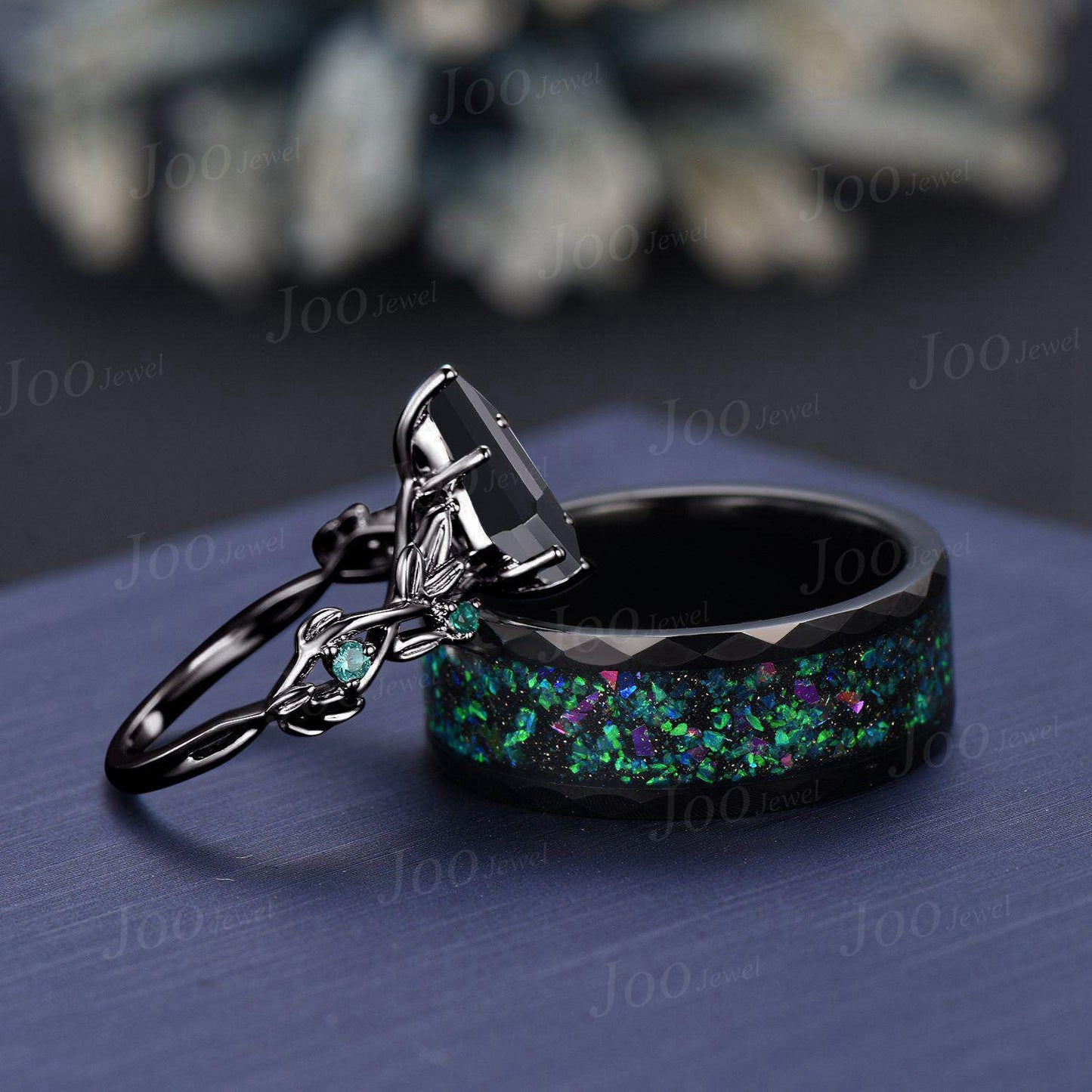 Natural Kite Black Onyx Tungsten Wedding Ring Set Men Green Emerald Couple Promise Rings Marriage Anniversary Gift Outer Space Galaxy Band