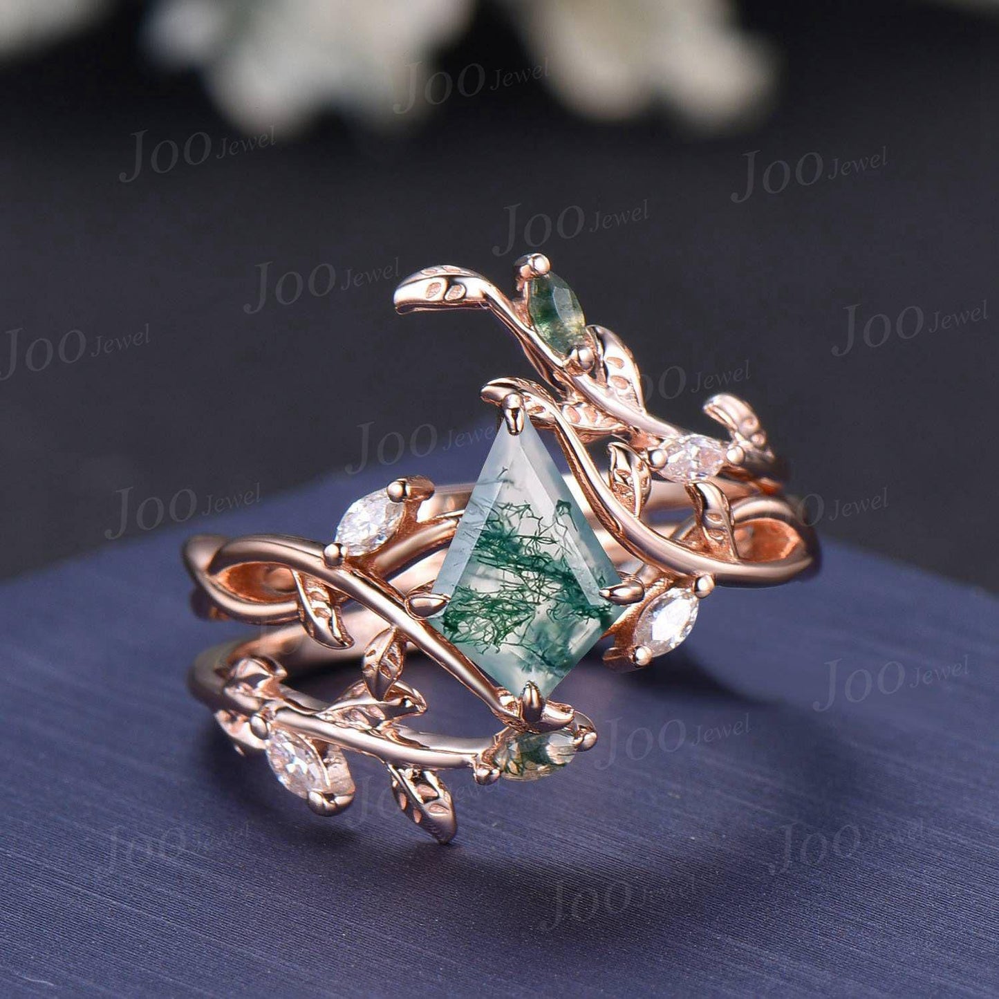 Nature Inspired Kite Cut Natural Moss Agate Leafy Bridal Ring Sets Sterling Silver Leaf Enhancer Band Twisted Bypass Wedding Ring for Women