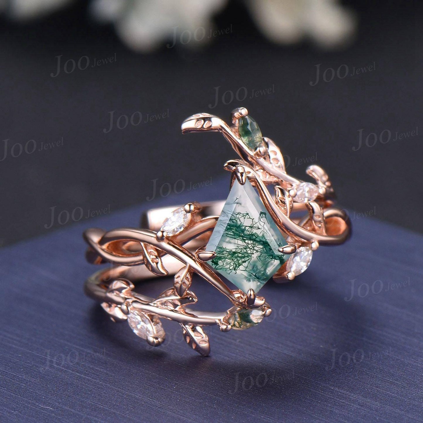 Nature Inspired Kite Cut Natural Moss Agate Leafy Bridal Ring Sets Sterling Silver Leaf Enhancer Band Twisted Bypass Wedding Ring for Women