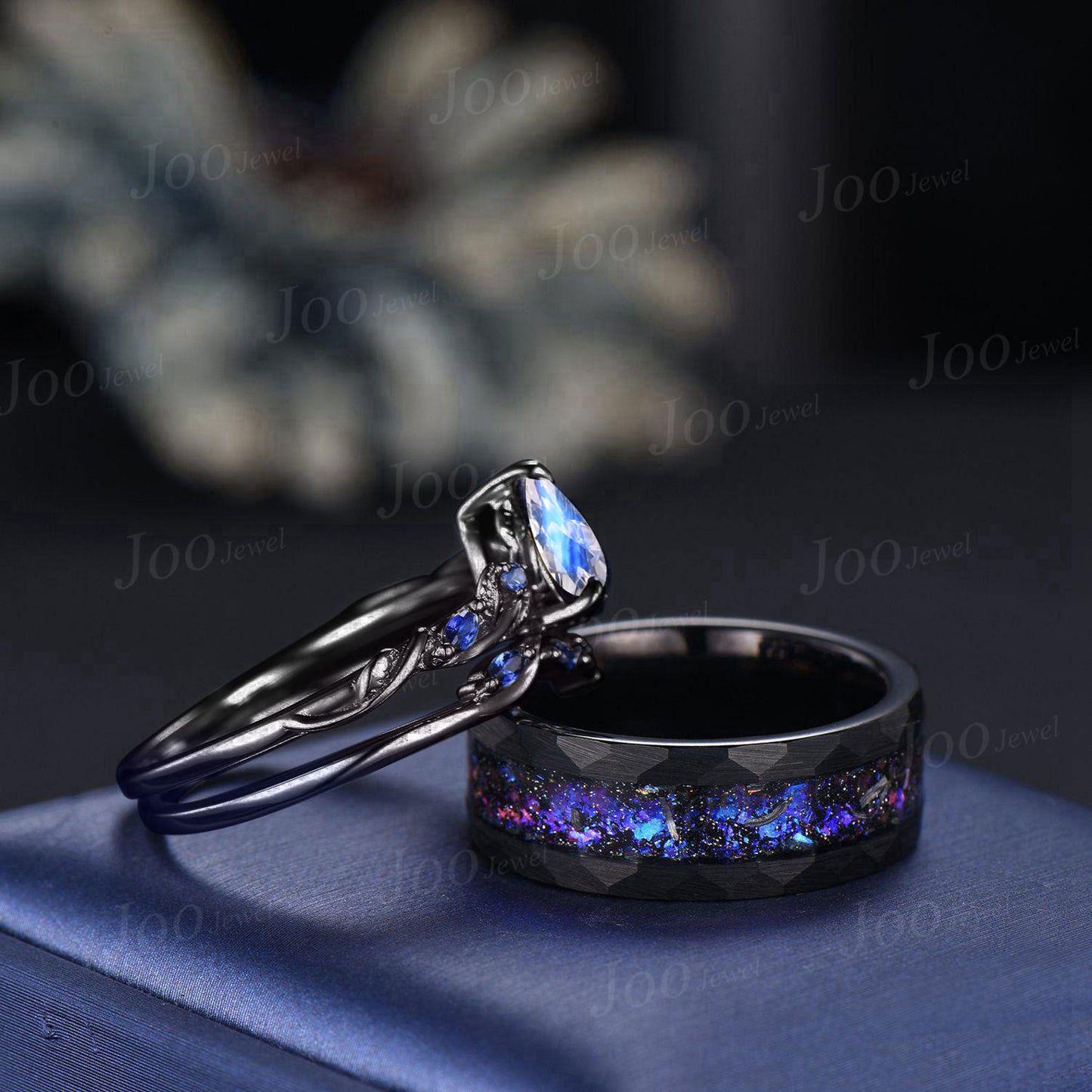 Black Ceramic Tungsten Band For Men, Black Wedding Ring Set, Natural Pear Blue Moonstone Sapphire Sterling Silver ring, Couple Promise Rings