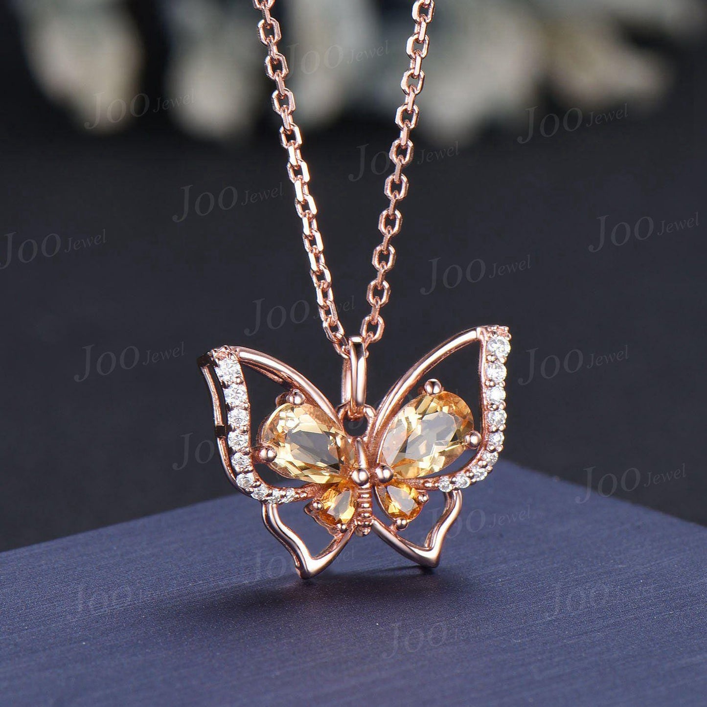 Teardrop Genuine Citrine Butterfly Necklace Dainty Vintage 14K Yellow Gold Vintage Crystal Spring Pendant Unique November Birthstone Gifts