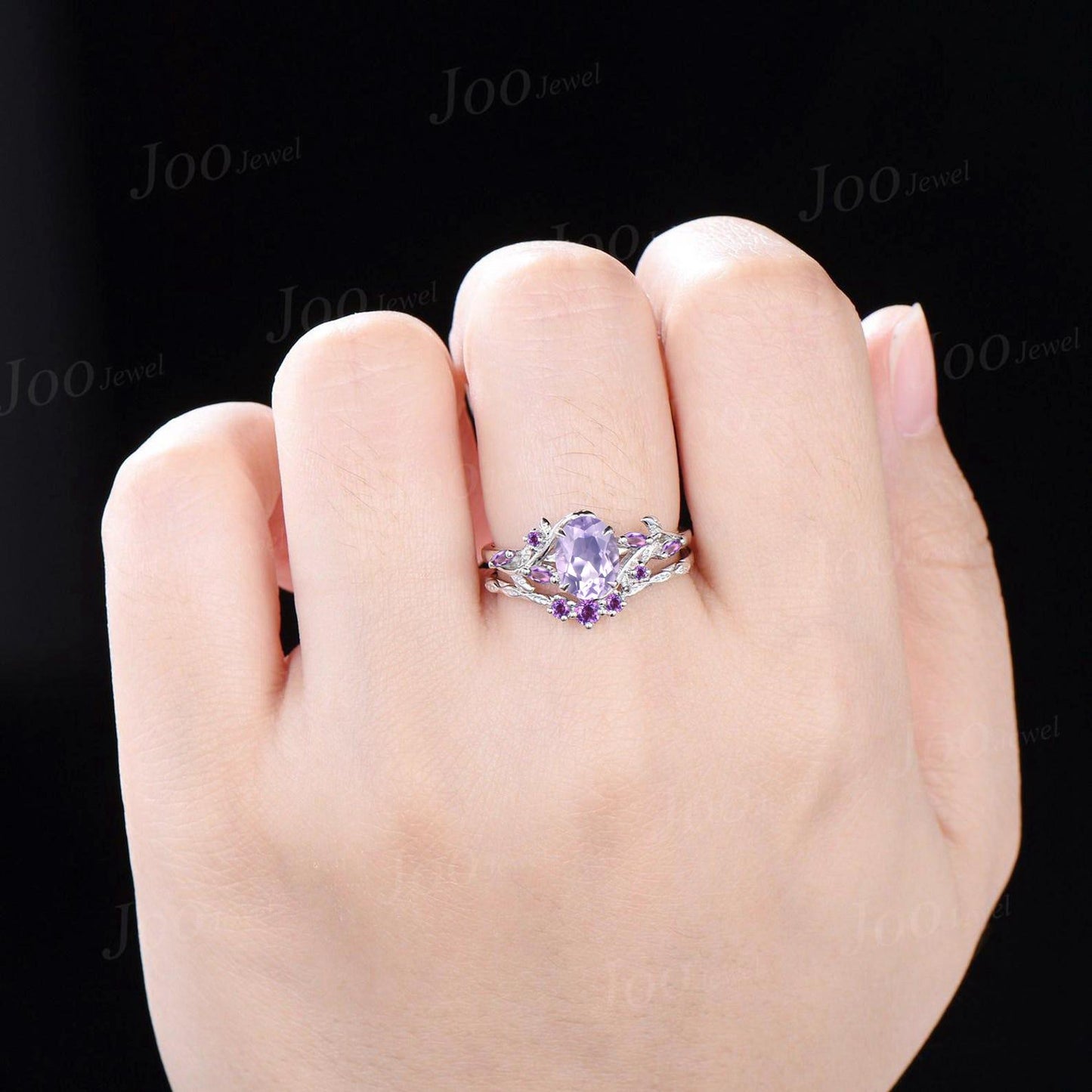 1.5ct Nature Inspired Oval Cut Natural Lavender Amethyst Bridal Set Sterling Silver Branch Leaf Vine Amethyst Ring Set Art Deco Cluster Ring