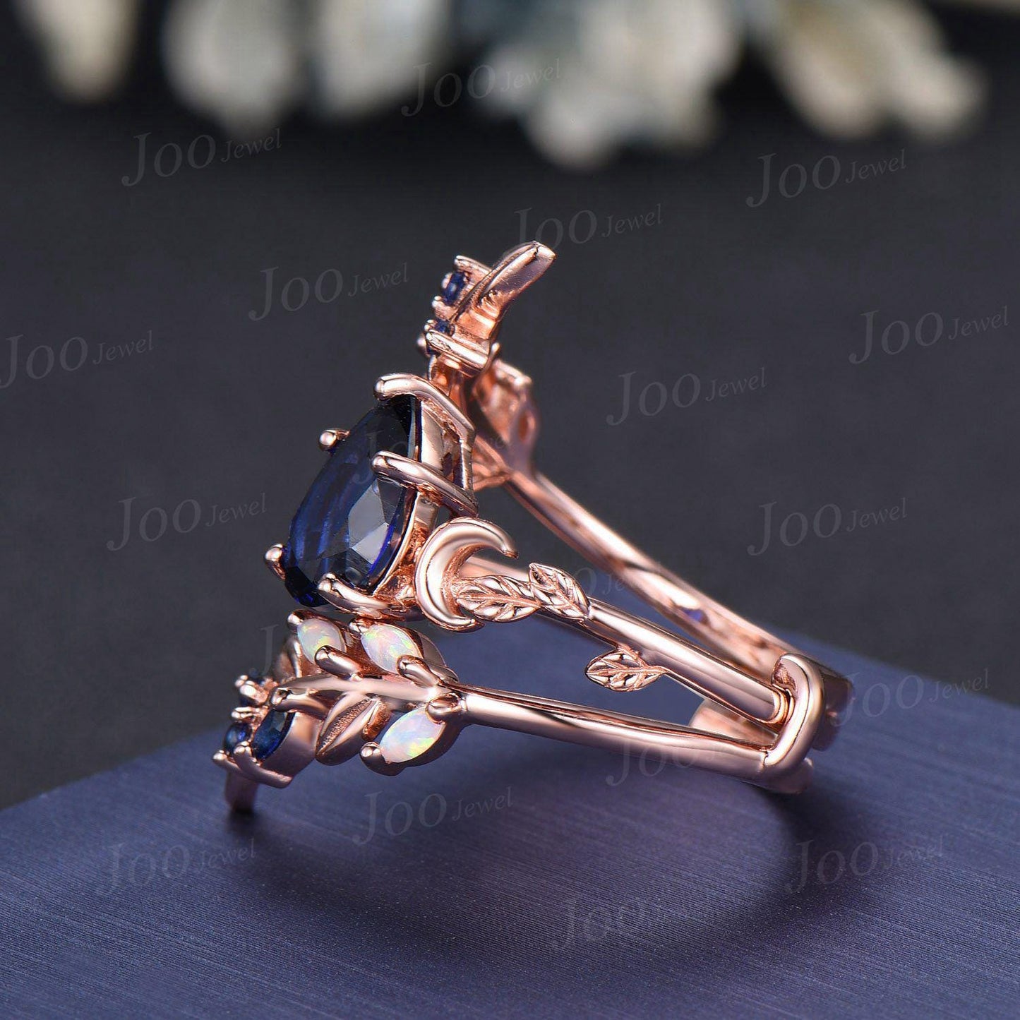 Pear Cut Blue Sapphire Moon Leaf Engagement Ring Set,14K Rose Gold Opal Sapphire Wrap Bypass Enhancer Vine Band, Branch Bridal Set for Women