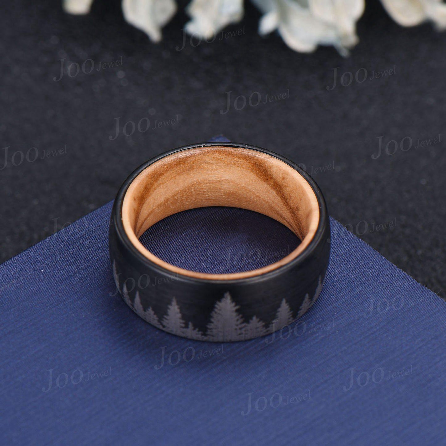 8mm Tungsten Carbide Men's Black Forest Tree Band, Whiskey Barrel Wood Tungsten Ring, Men Wedding Anniversary Band, Black Engagement Rings