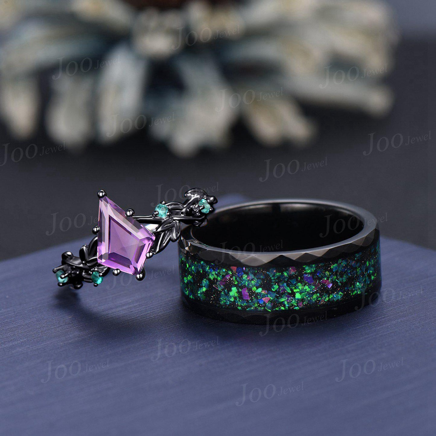 1ct Kite Cut Natural Amethyst Emerald Twig Vine Ring Black Ceramic Tungsten Band for Men Wear-resistant Ring Matching Ring Set for Couple