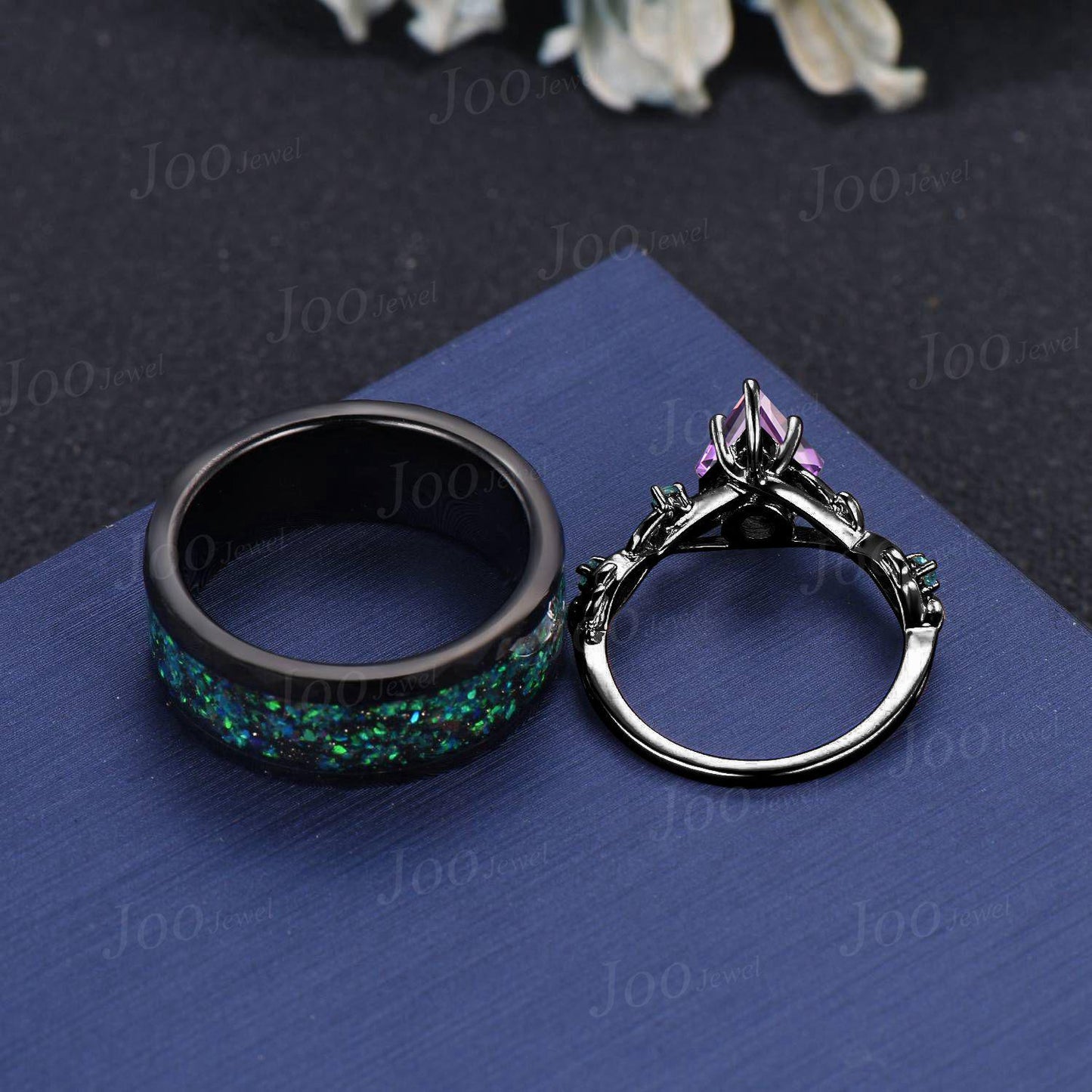 1ct Kite Cut Natural Amethyst Emerald Twig Vine Ring Black Ceramic Tungsten Band for Men Wear-resistant Ring Matching Ring Set for Couple