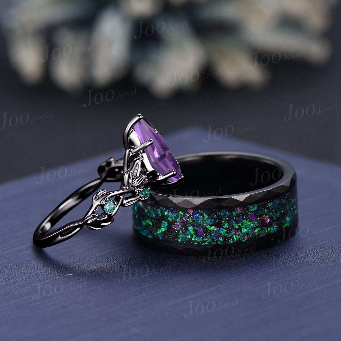 1ct Kite Cut Natural Amethyst Emerald Twig Vine Ring Black Ceramic Tungsten Band for Men Wear-resistant Ring Matching Ring Set for Couple