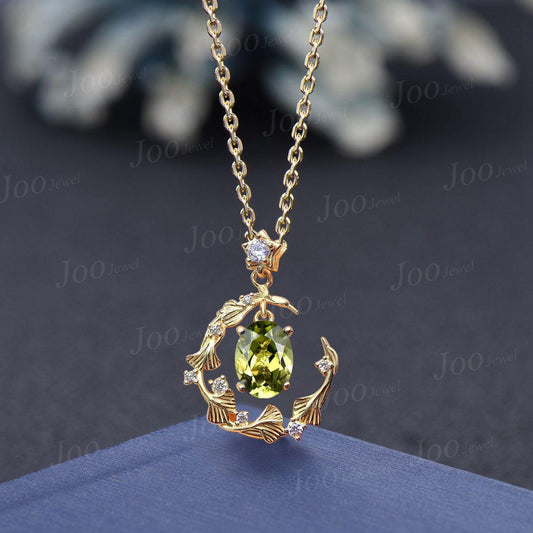 Natural Oval Peridot Ginkgo Leaf Chain Necklace 14K Gold Peridot Crescent Moon Pendant Unique August Birthstone Birthday Gifts for Daughter