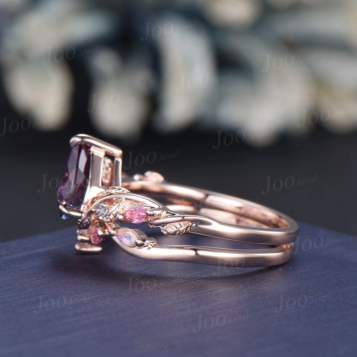1.25ct Nature Inspired Pear Cut Color-Change Alexandrite Pink Tourmaline Bridal Set Twig Vine Engagement Ring June Birthstone Birthday Gifts