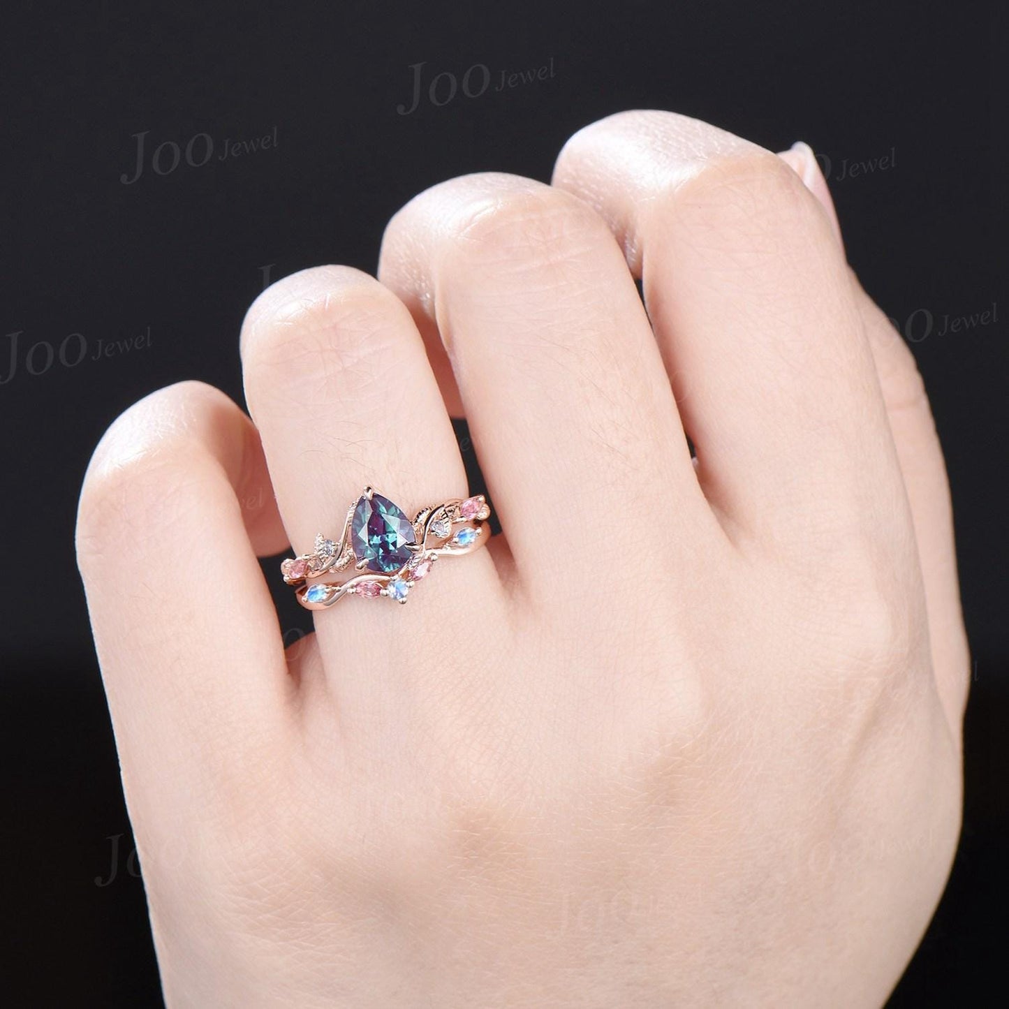 1.25ct Nature Inspired Pear Cut Color-Change Alexandrite Pink Tourmaline Bridal Set Twig Vine Engagement Ring June Birthstone Birthday Gifts