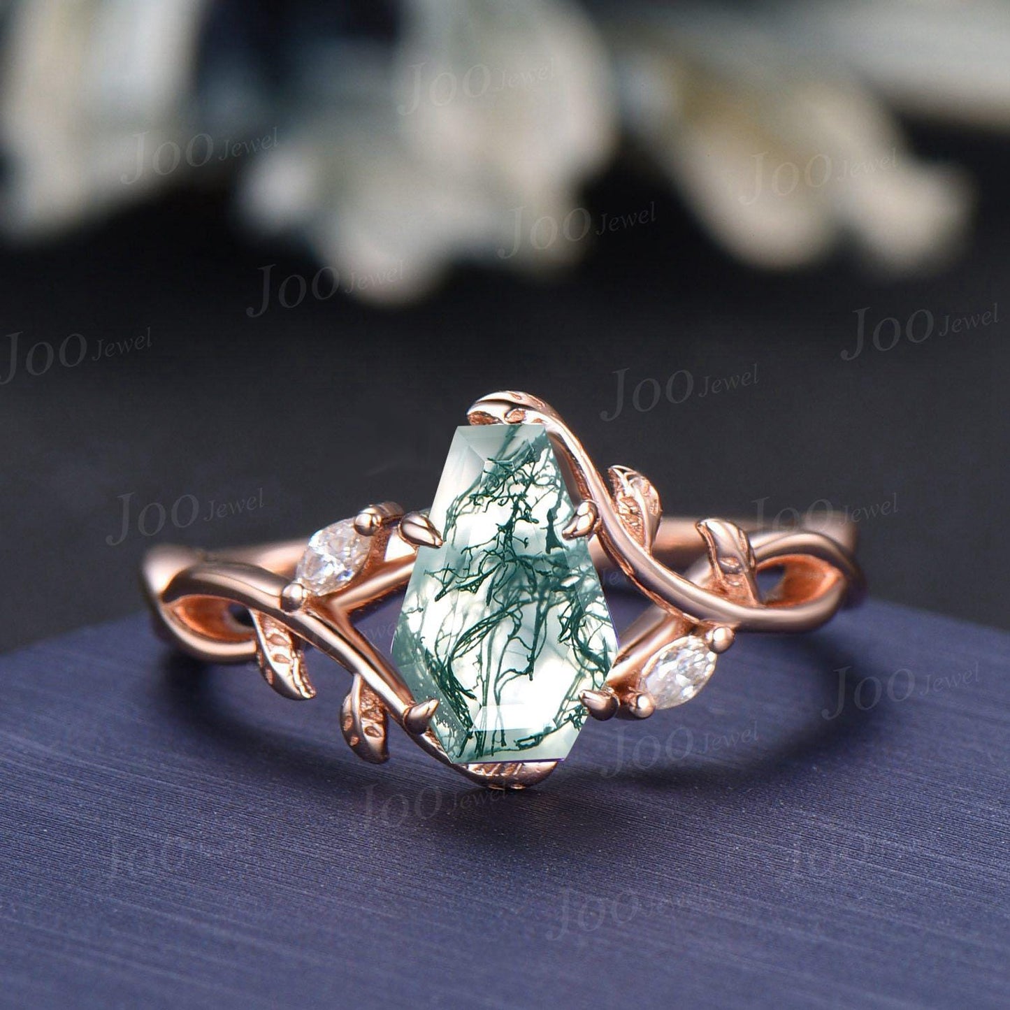 Coffin Cut Natural Moss Agate Leaf Vine Bypass Engagement Ring Twisted Infinity Wedding Ring Customizable Gemstone Non-Traditional Jewelry