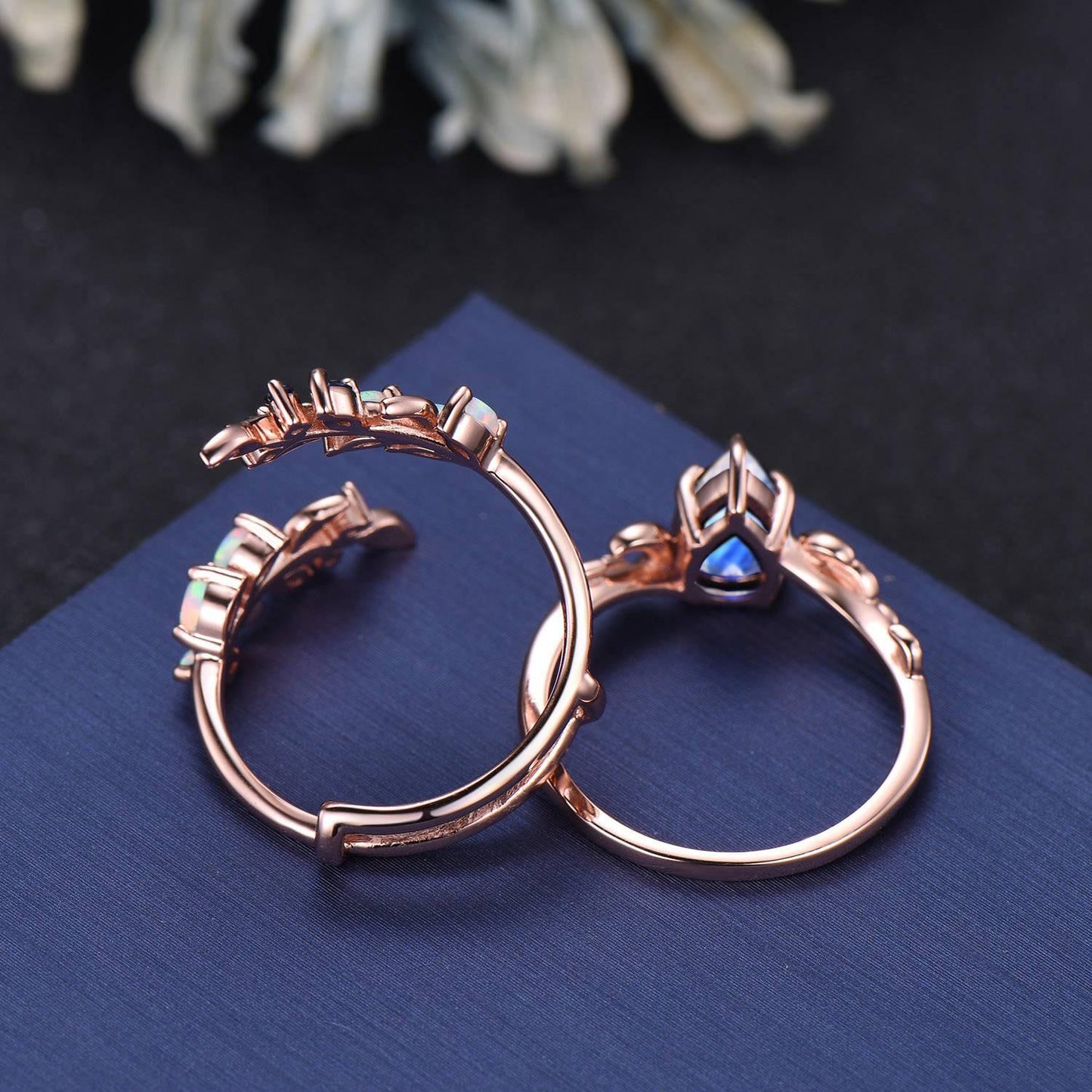 Pear Cut Natural Moonstone Solitaire Bridal Ring 14K Solid Gold Enchanted Vine Bypass Wedding Band Opal Blue Sapphire Leaf Moon Ring Women