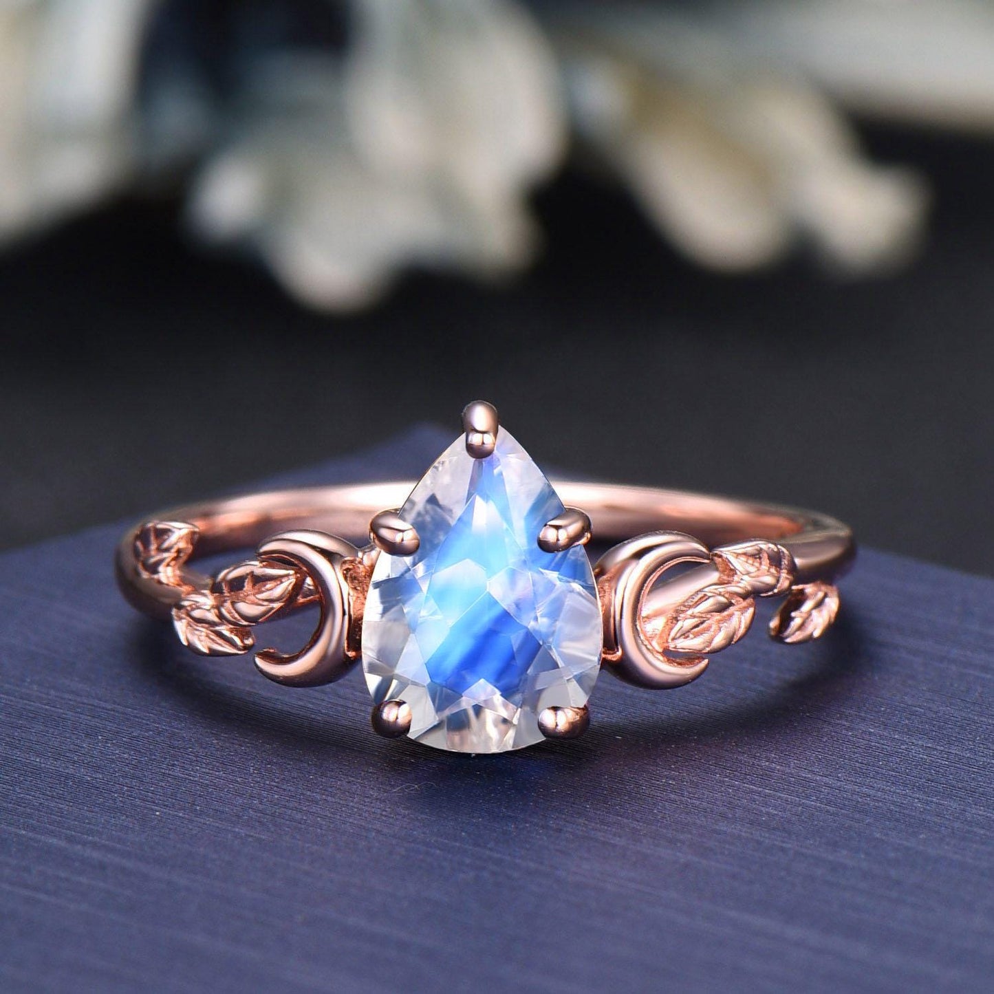 Pear Cut Natural Moonstone Solitaire Bridal Ring 14K Solid Gold Enchanted Vine Bypass Wedding Band Opal Blue Sapphire Leaf Moon Ring Women