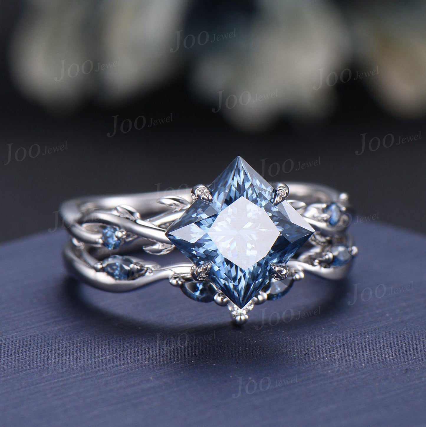 2ct Princess Cut Blue Moissanite Diamond Engagement Ring Set 14K White Gold Proposal Ring Gift Twig Vine Bridal Sets Twisted Wedding Rings