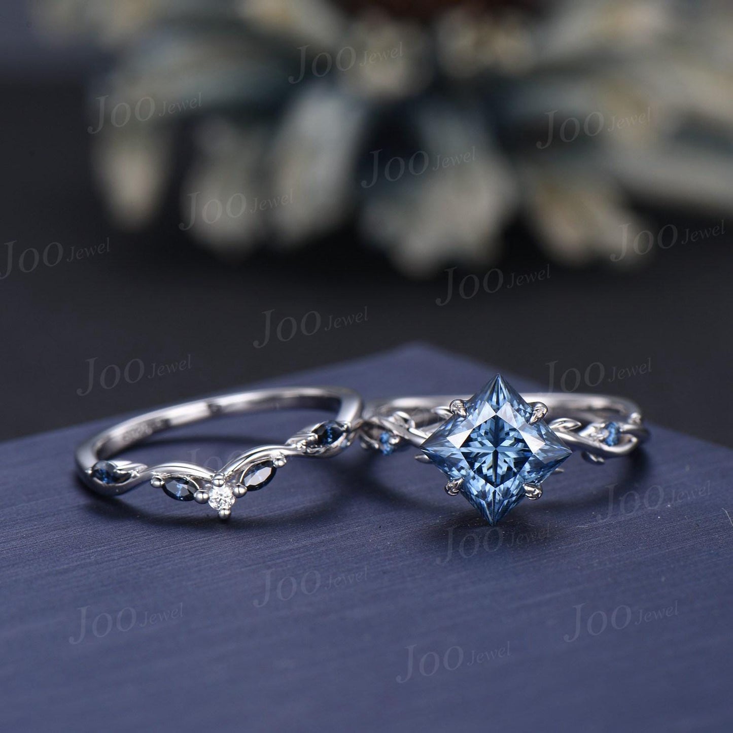 2ct Princess Cut Blue Moissanite Diamond Engagement Ring Set 14K White Gold Proposal Ring Gift Twig Vine Bridal Sets Twisted Wedding Rings