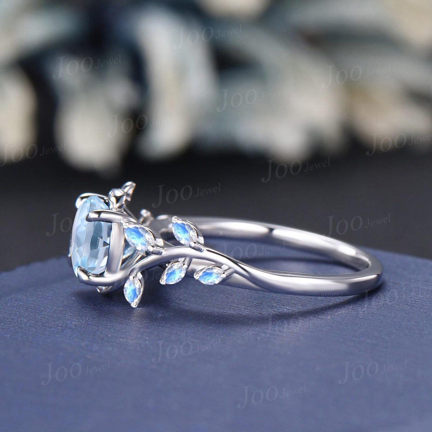 1ct Nature Inspired Round Cut Natural Light Blue Aquamarine Moonstone Ring Sterling Silver Aquamarine Engagement Ring March Birthstone Gifts