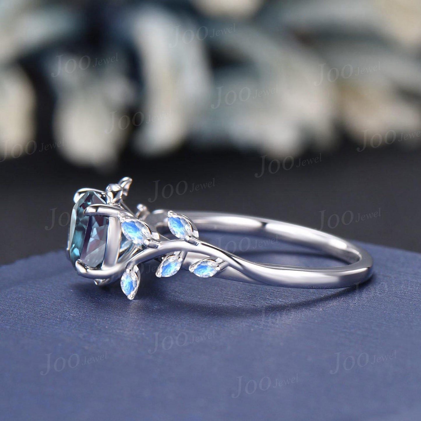 1ct Nature Inspired Round Cut Color-Change Alexandrite Engagement Ring Cluster Marquise Moonstone Ring June Birthstone Jewelry Gifts for Her