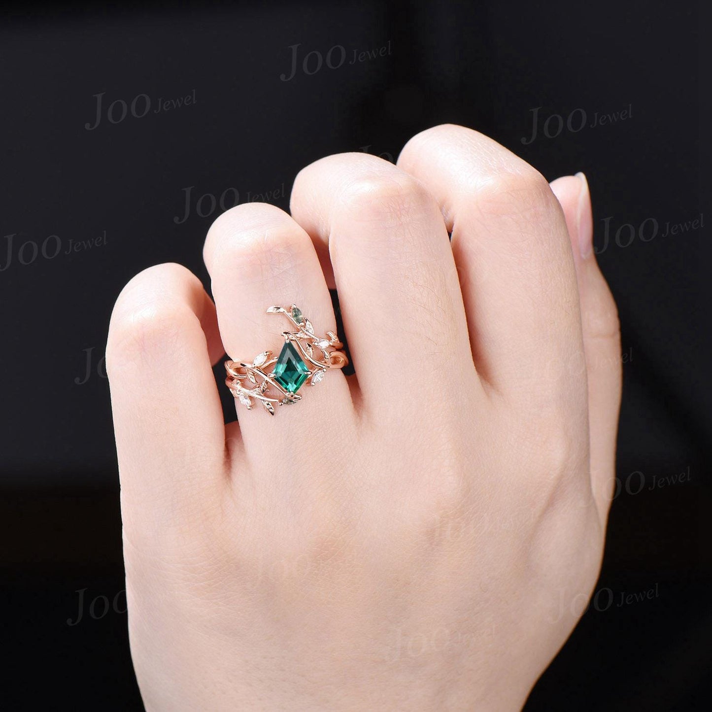 Nature Inspired Kite Cut Green Emerald Twisted Infinity Wedding Ring Enhancer Moss Agate Bypass Wedding Band Unique Non-Traditional Jewelry