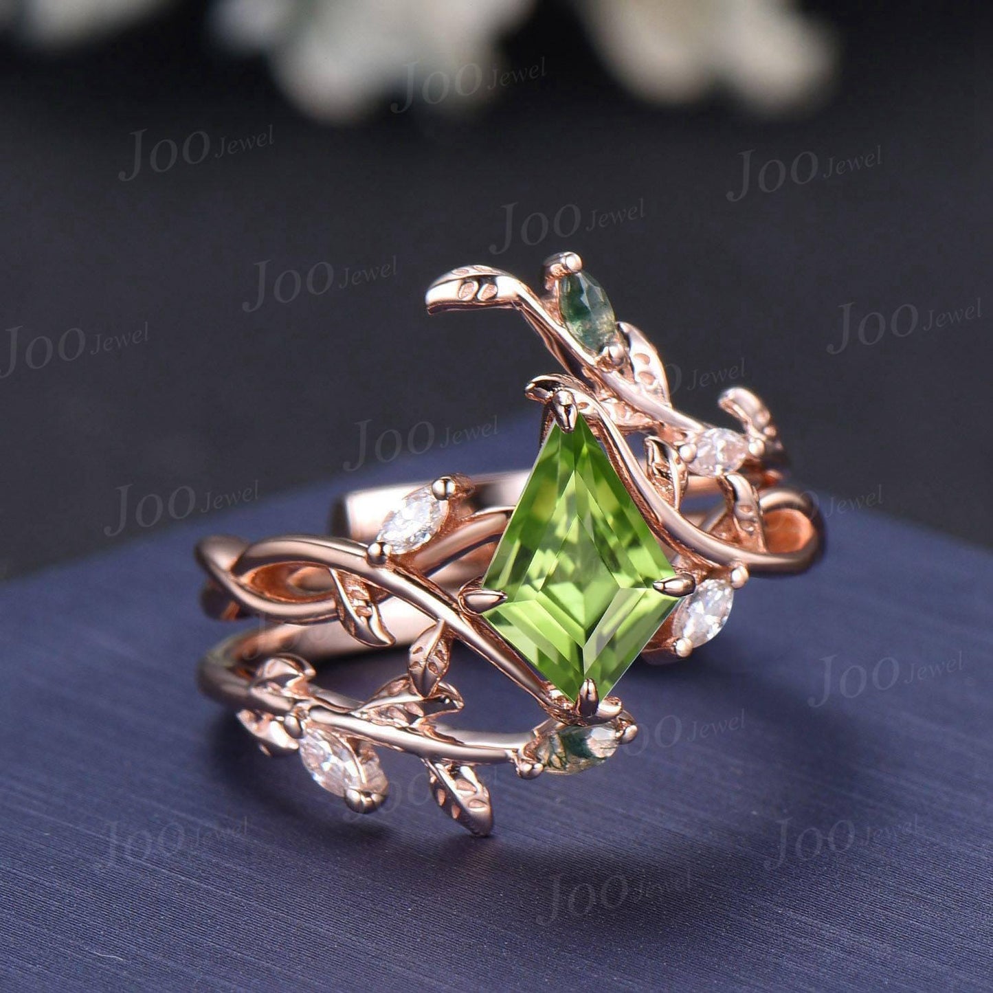 Kite Cut Natural Green Peridot Infinity Engagement Ring Sterling Silver Leaf Moss Agate Wedding Band Enhancer Twisted Wrap Bridal Ring Women