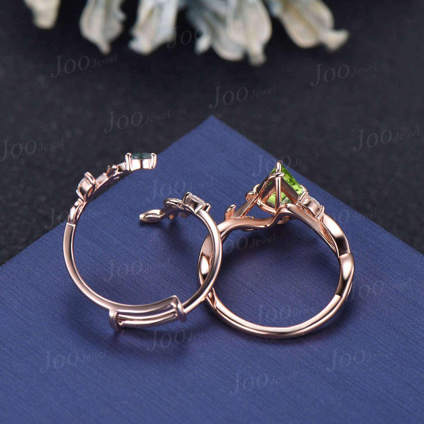 Kite Cut Natural Green Peridot Infinity Engagement Ring Sterling Silver Leaf Moss Agate Wedding Band Enhancer Twisted Wrap Bridal Ring Women