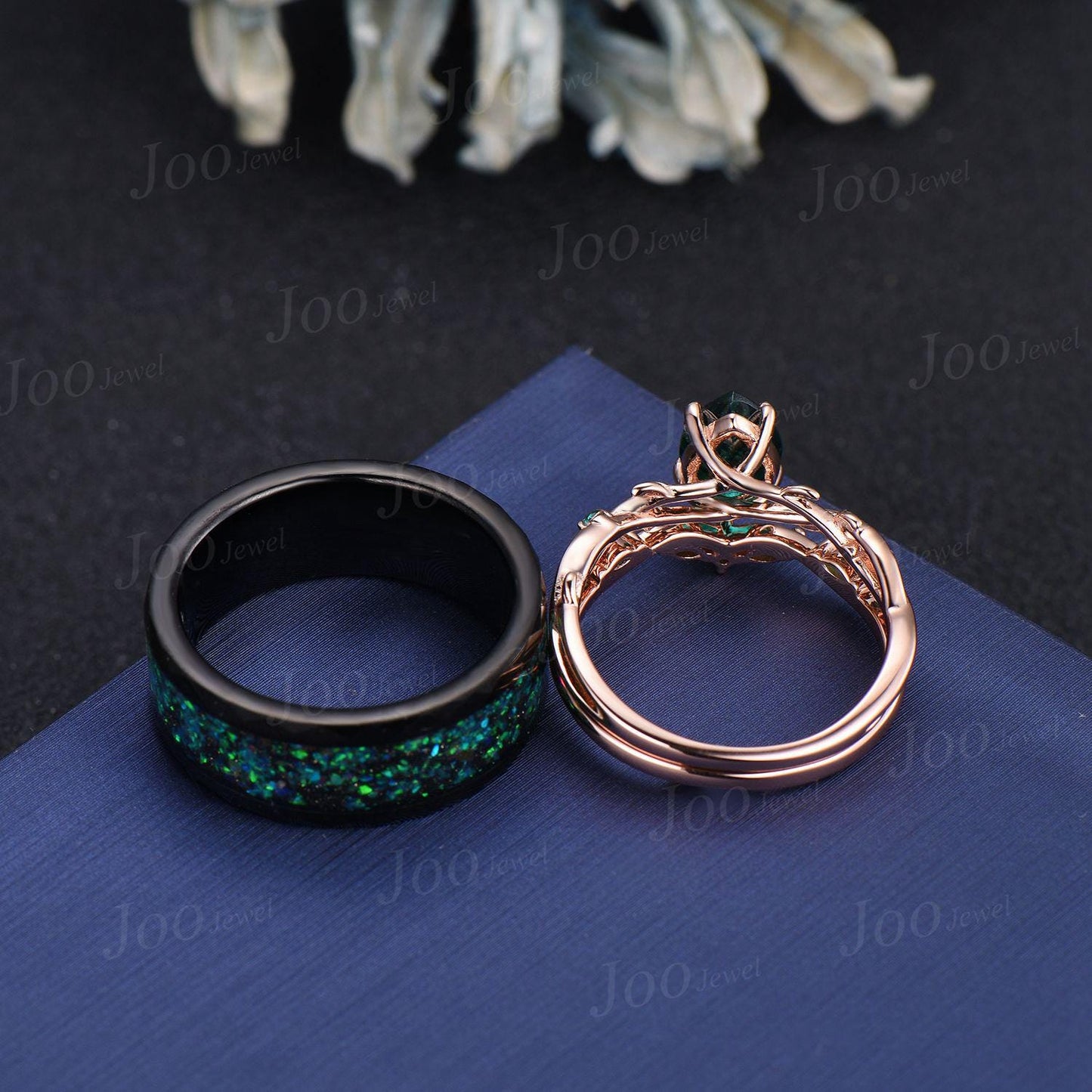 Green Emerald & Black Ceramic Leaf Nature Inspired Couples Ring-His and Hers Wedding Band-Twig Vine Ring Set-Matching Couples Promise Ring