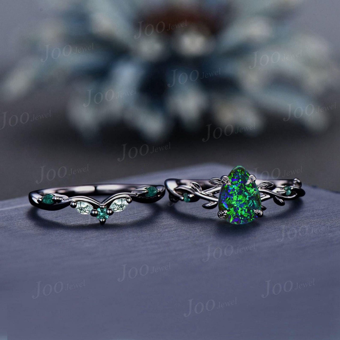 1.25ct Pear Cut Black Opal Bridal Set Vintage Green Emerald Moss Agate Wedding Band Black Gold Engagement Rings Set Twig Vine Wedding Ring