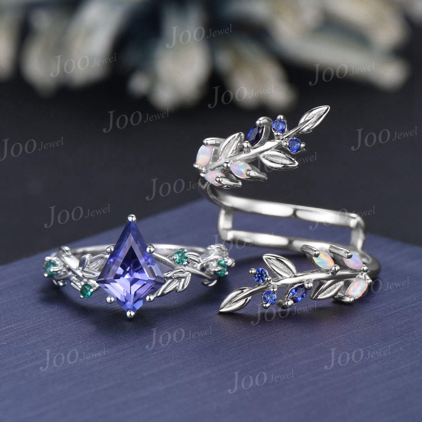 2ct Kite Cut Natural Tanzanite Cluster Bridal Ring Blue Sapphire Opal Enhancer Wrap Wedding Band Olive Leaf Bypass Engagement Ring for Women