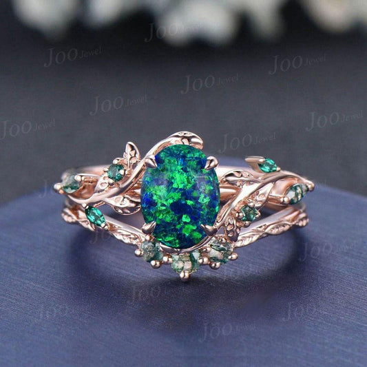 1.5ct Oval Galaxy Black Opal Emerald Bridal Set Vintage 14K Rose Gold Family Stone Jewelry Anniversary Gift Twig Vine Cluster Wedding Ring