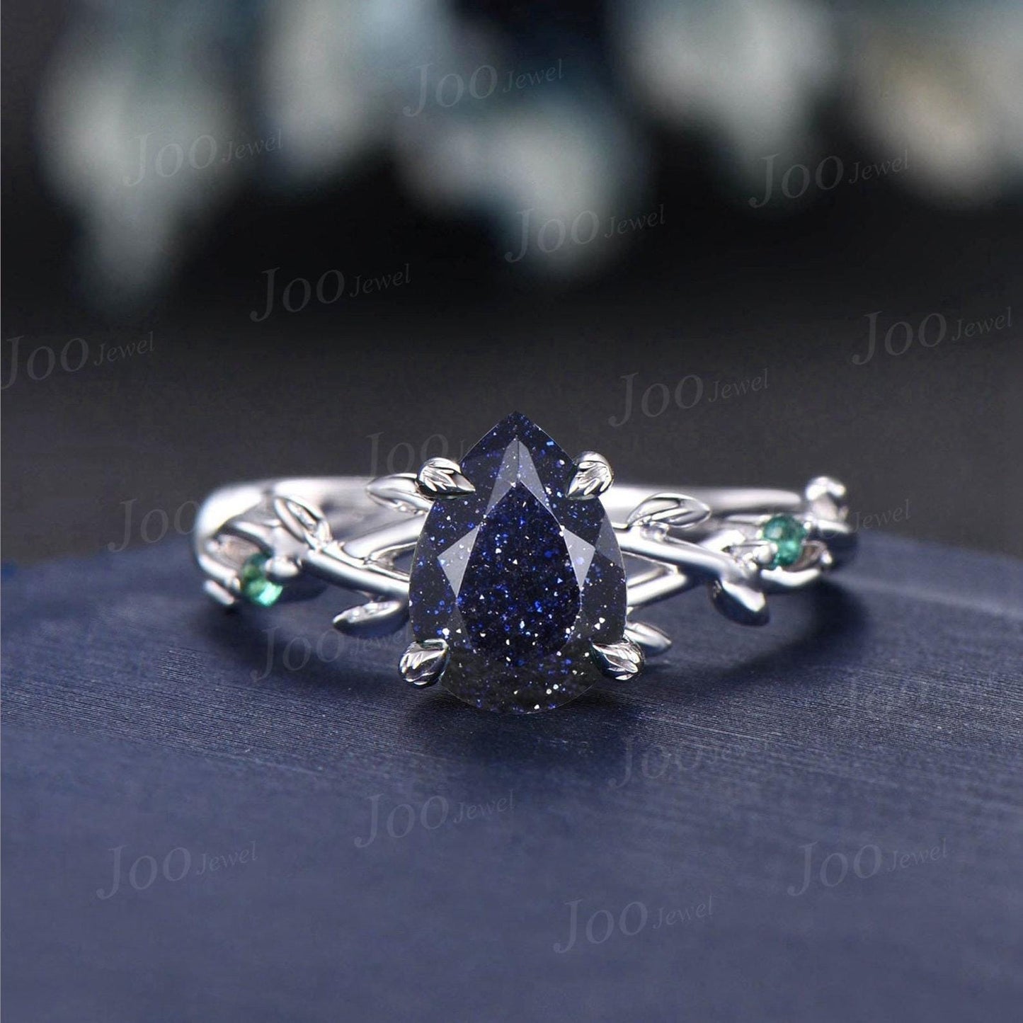 Vintage Galaxy Blue Sandstone Engagement Ring Set Black Gold Pear Cut Bridal Set Green Agate Emerald Curved Band Twig Vine Wedding Ring Set