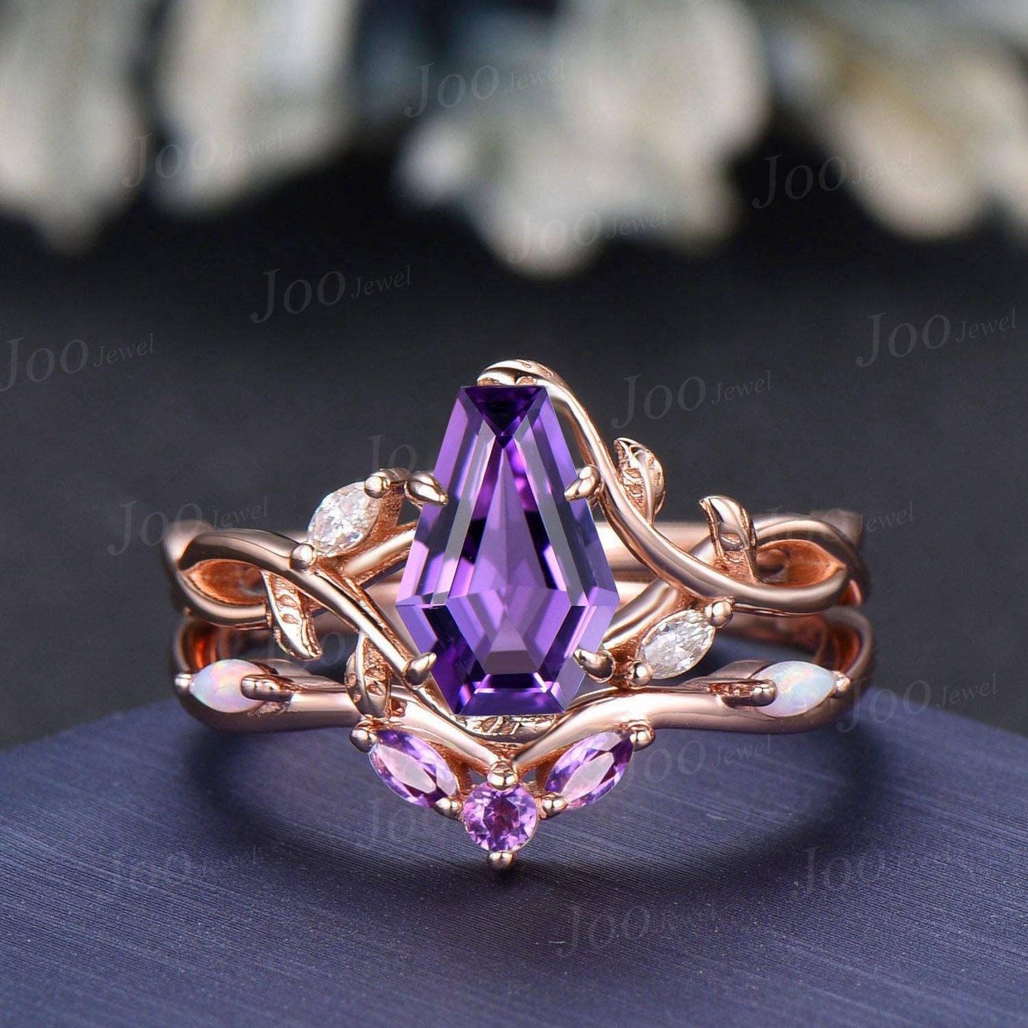 Nature Inspired Coffin Cut Natural Genuine Amethyst Bridal Ring Set Infinity Leaf Engagement Ring