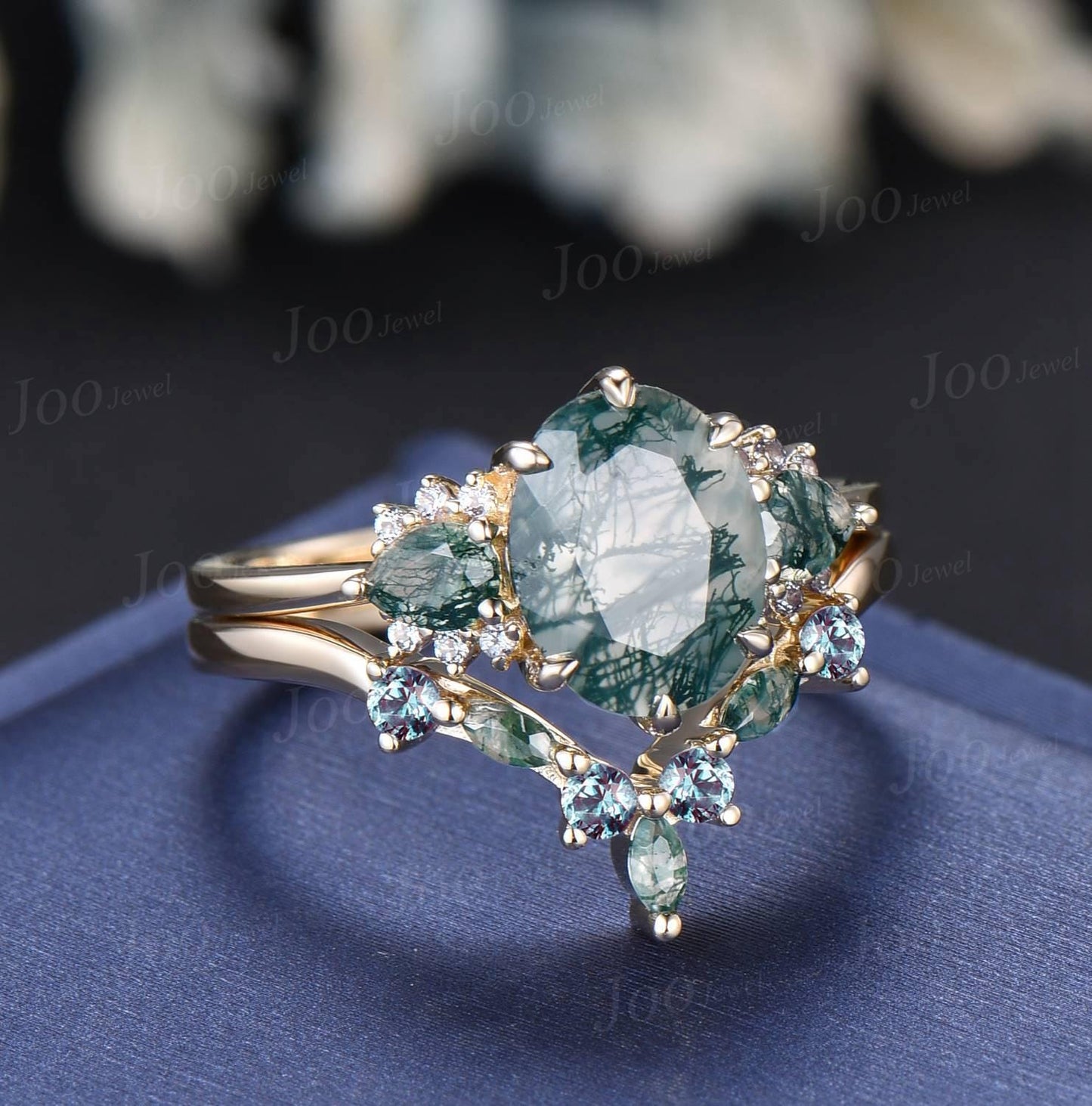 Sterling Silver Oval Cut Natural Moss Agate Alexandrite Bridal Set for Women