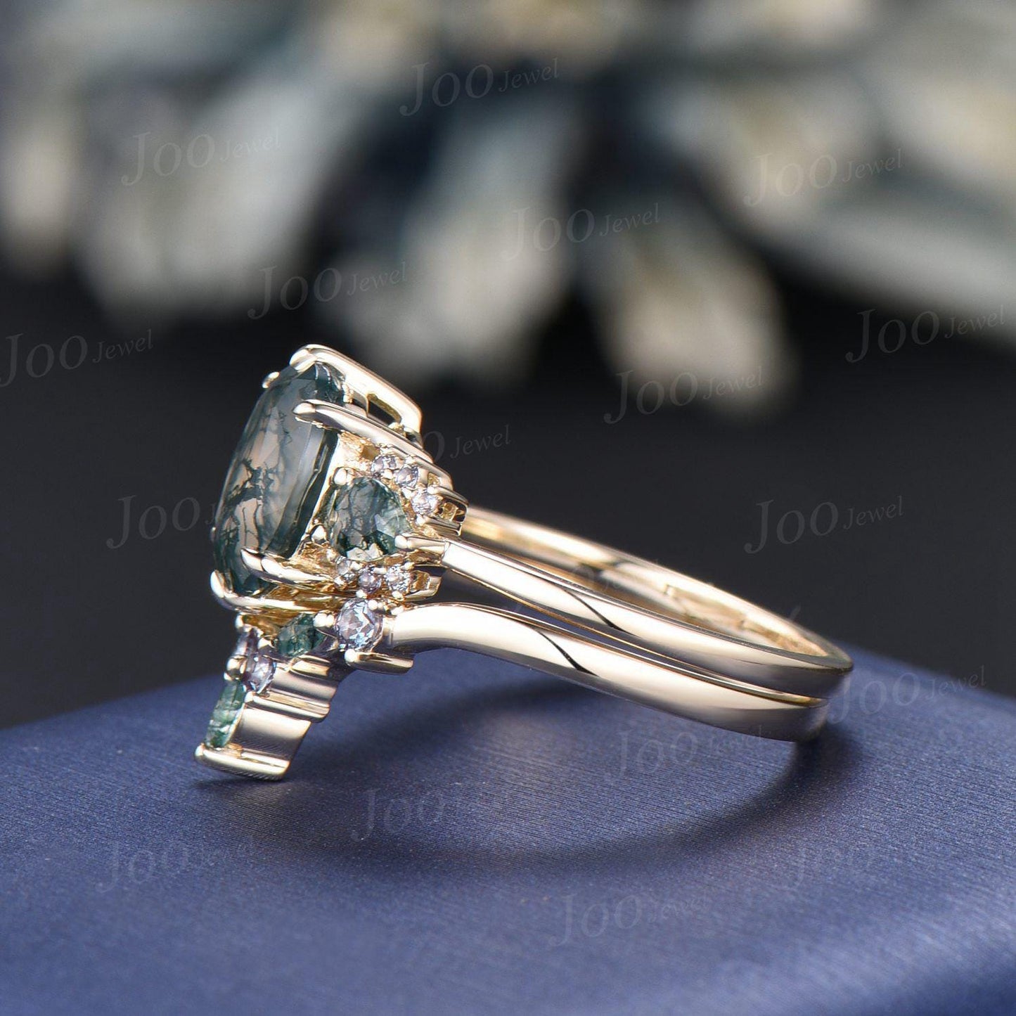Sterling Silver Oval Cut Natural Moss Agate Alexandrite Bridal Set for Women