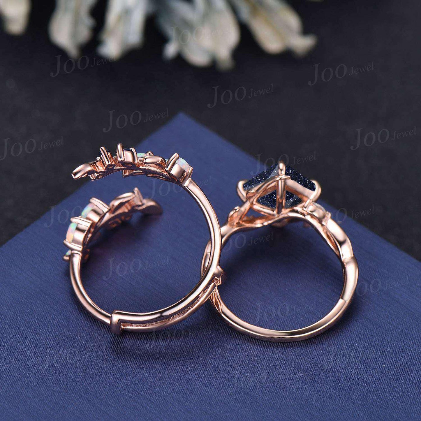 Infinity Design Princess Cut Galaxy Blue Sandstone Sapphire Wedding Ring Set Olive Leaf Wrap Opal Enhancer Band for Women