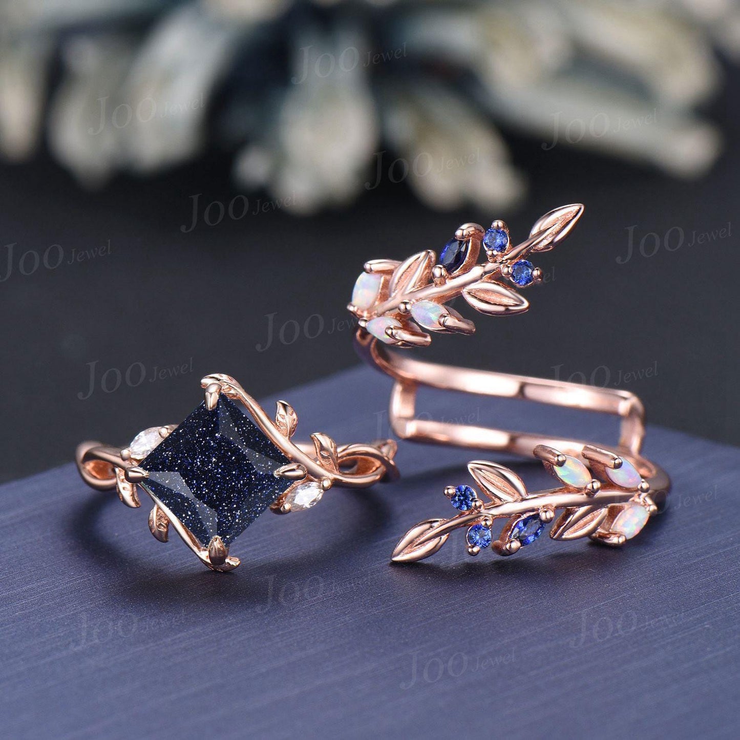 Infinity Design Princess Cut Galaxy Blue Sandstone Sapphire Wedding Ring Set Olive Leaf Wrap Opal Enhancer Band for Women