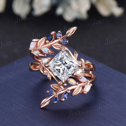 Princess Cut Moissanite Diamond Infinity Leaf Wedding Ring Set Vintage Rose Gold Opal Blue Sapphire Olive Leaf Wrap Enhancer Band for Women