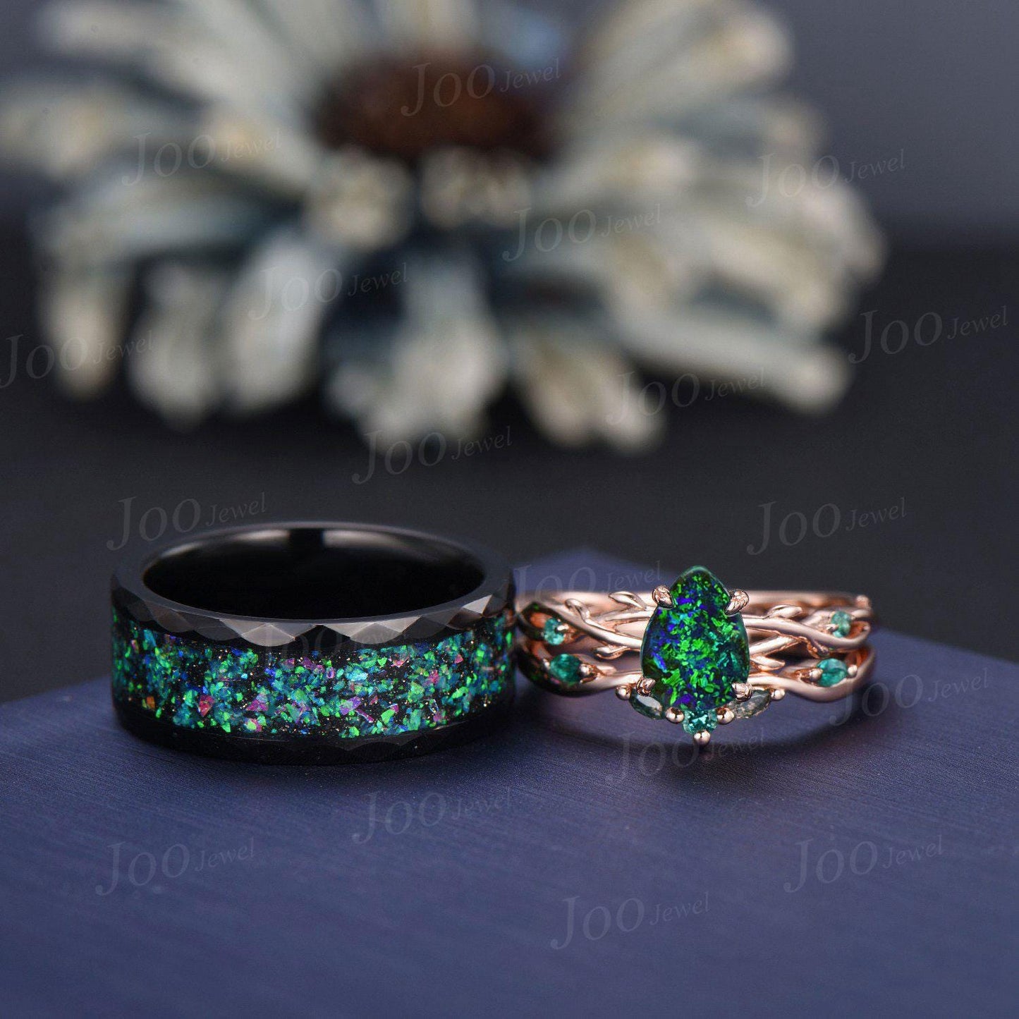 1.25ct Pear Cut Black Fire Opal Couple Promise Ring Set 925 Sterling Silver & Tungsten Matching Ring