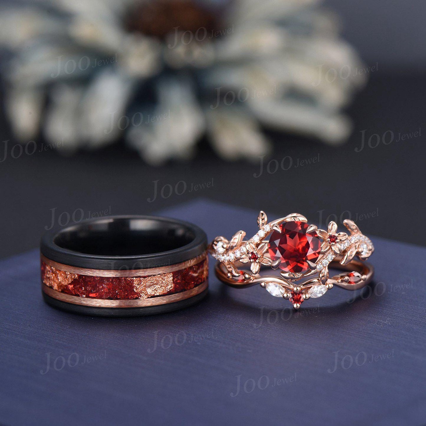 Black Tungsten & Sterling Silver| Round Natural Red Garnet Couple Ring Set| Nature-Inspired Design|His and Hers Wedding Ring|1CT Bridal Ring
