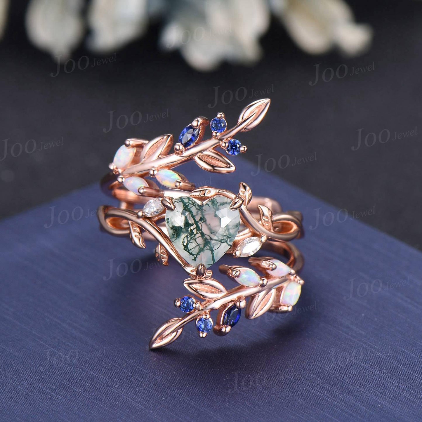 Natural Moss Agate Heart Engagement Ring Set,14K Rose Gold Leaf Enhancer Opal Sapphire Band, Branch Vine Bypass Bridal Set, Anniversary Gift