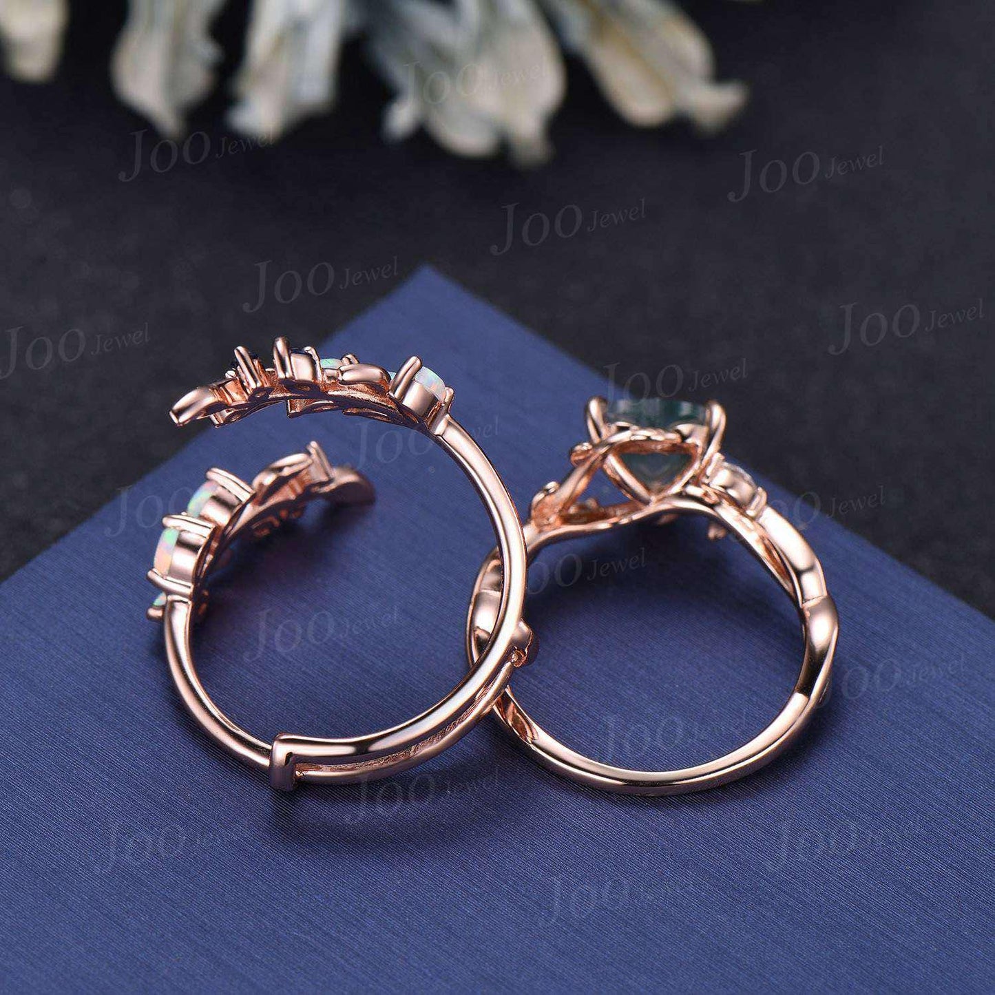 Natural Moss Agate Heart Engagement Ring Set,14K Rose Gold Leaf Enhancer Opal Sapphire Band, Branch Vine Bypass Bridal Set, Anniversary Gift