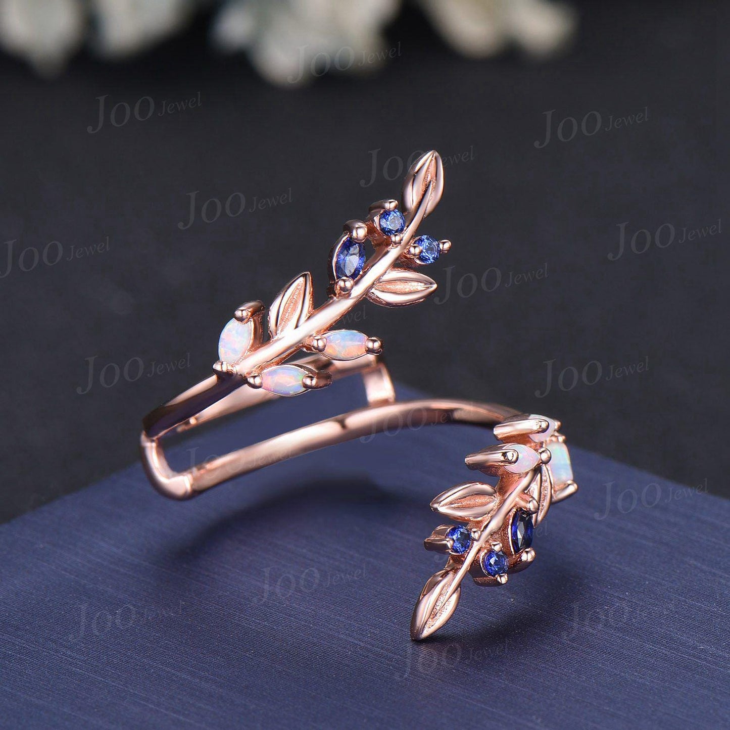 Vintage Opal Pearl Leaf Enhancer Nature Wedding Band Nesting Stacking Matching Ring Solid 14K Rose Gold Jacket Double Wedding Band Women