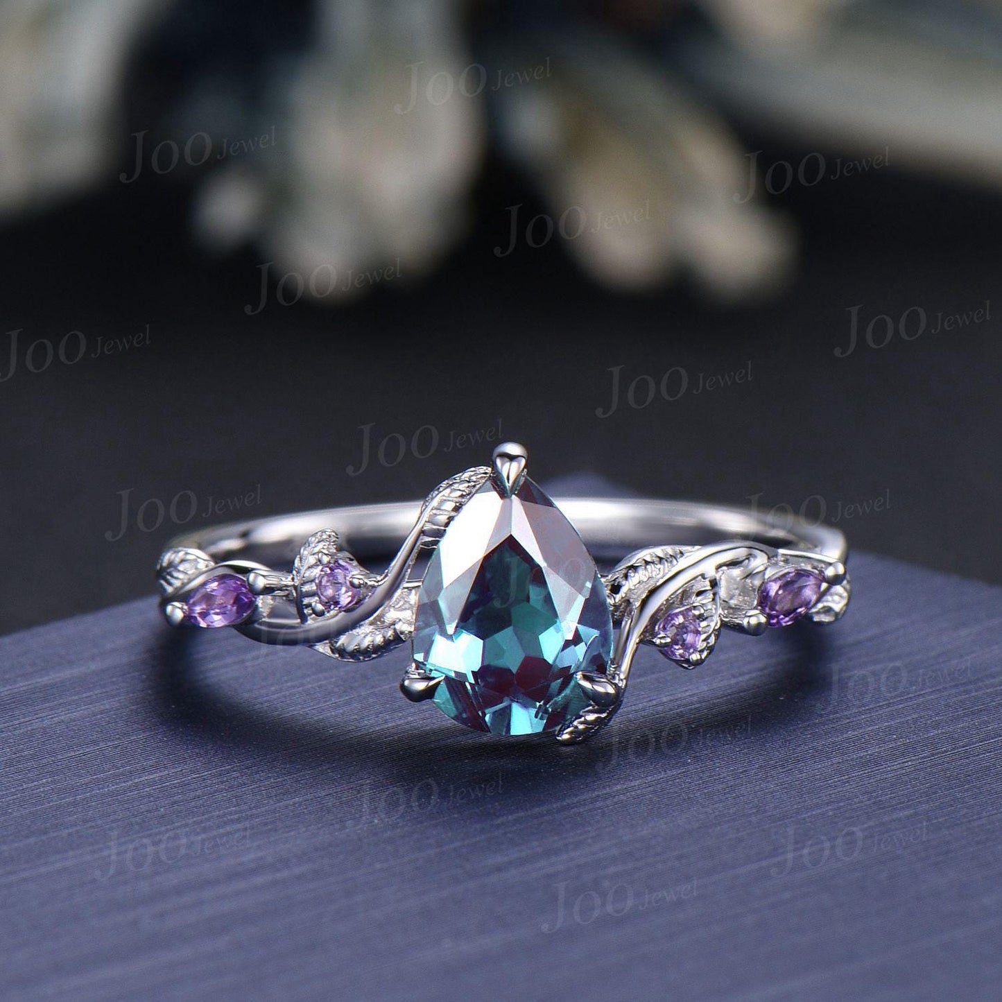 Nature Inspired Pear Cut Color-Change Alexandrite Bridal Ring with Amethyst Emerald Twig Vine Engagement Ring June Birthstone Wedding Gifts