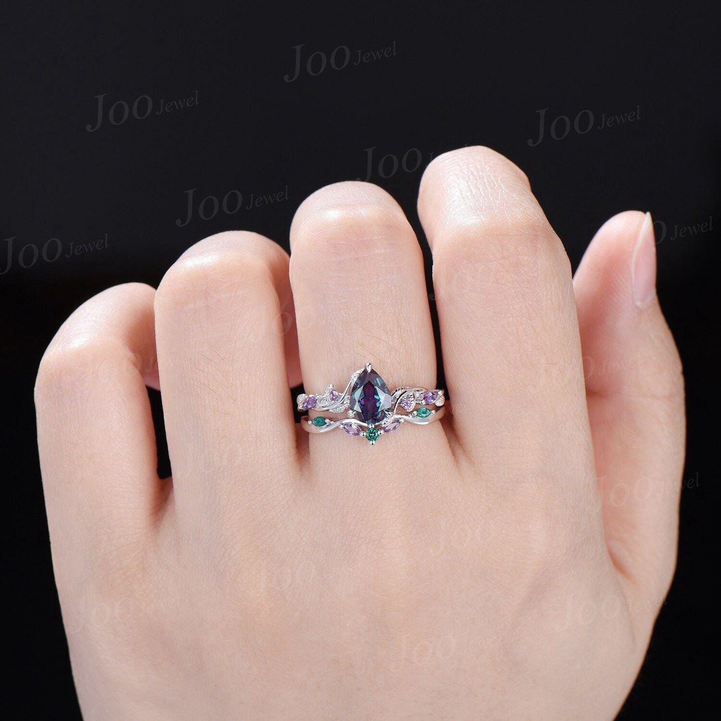 Nature Inspired Pear Cut Color-Change Alexandrite Bridal Ring with Amethyst Emerald Twig Vine Engagement Ring June Birthstone Wedding Gifts